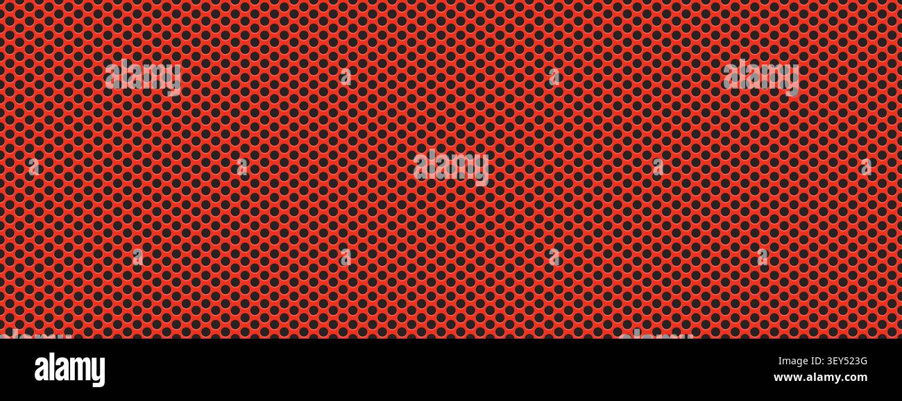 Red perforated metal seamless pattern with round black dots. Grill texture with circular holes. Pegboard bg Stock Vector