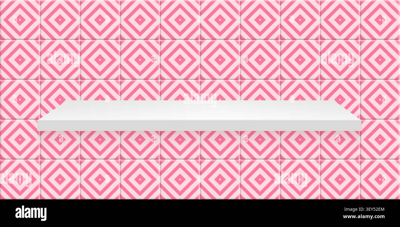 Pink ceramic tile pool pattern background with shelf. Minimal geometric bg. Stock Vector