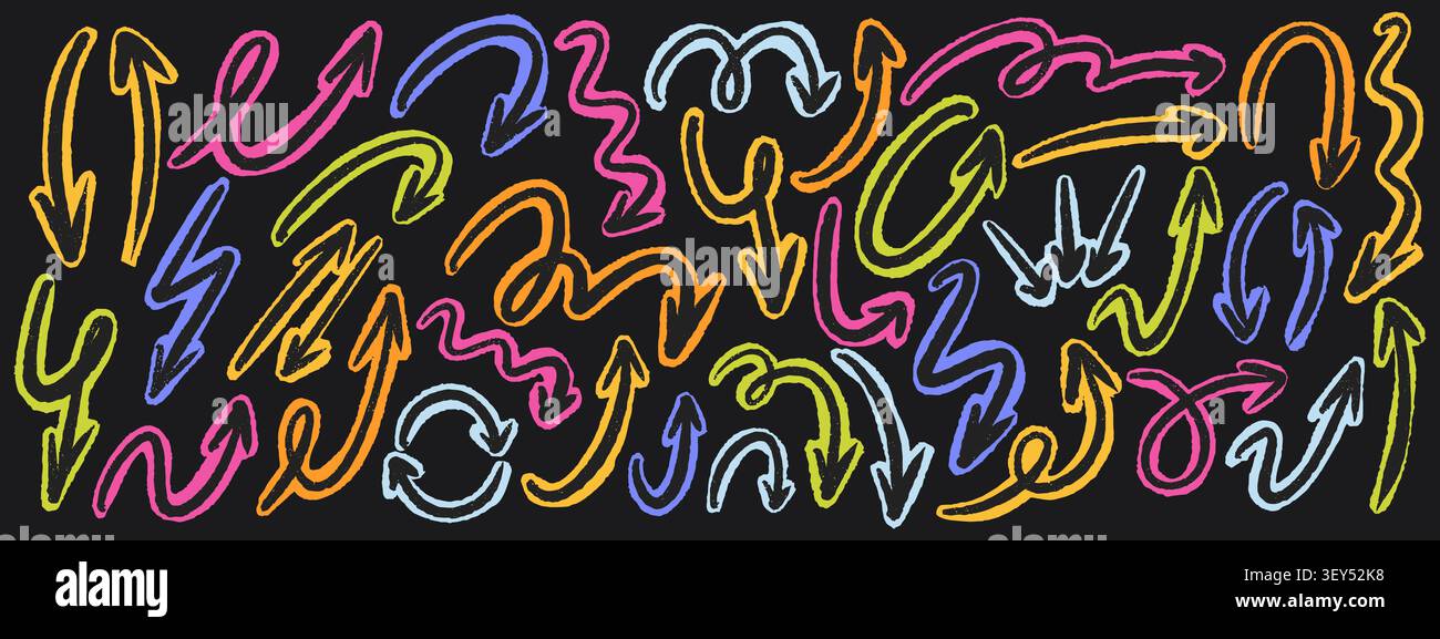 Scrapbook doodle arrow set with crayon texture. Scribble collage style. Hand drawn vector elements. Stock Vector