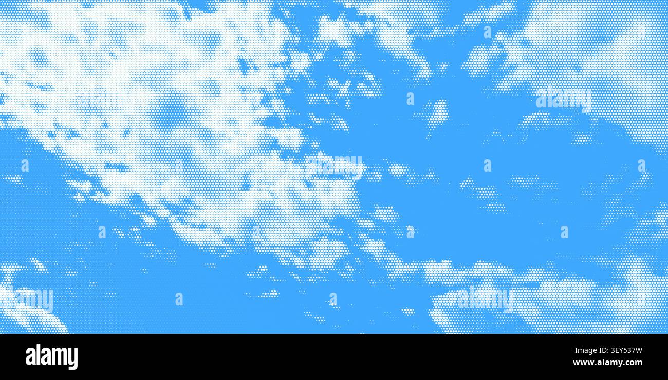 Halftone cloud sky on blue backdrop with pixelated texture vector illustration background. Stock Vector