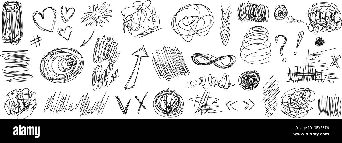 Messy pen doodles and scribbles create chaotic hand-drawn lines vector illustration set. Stock Vector