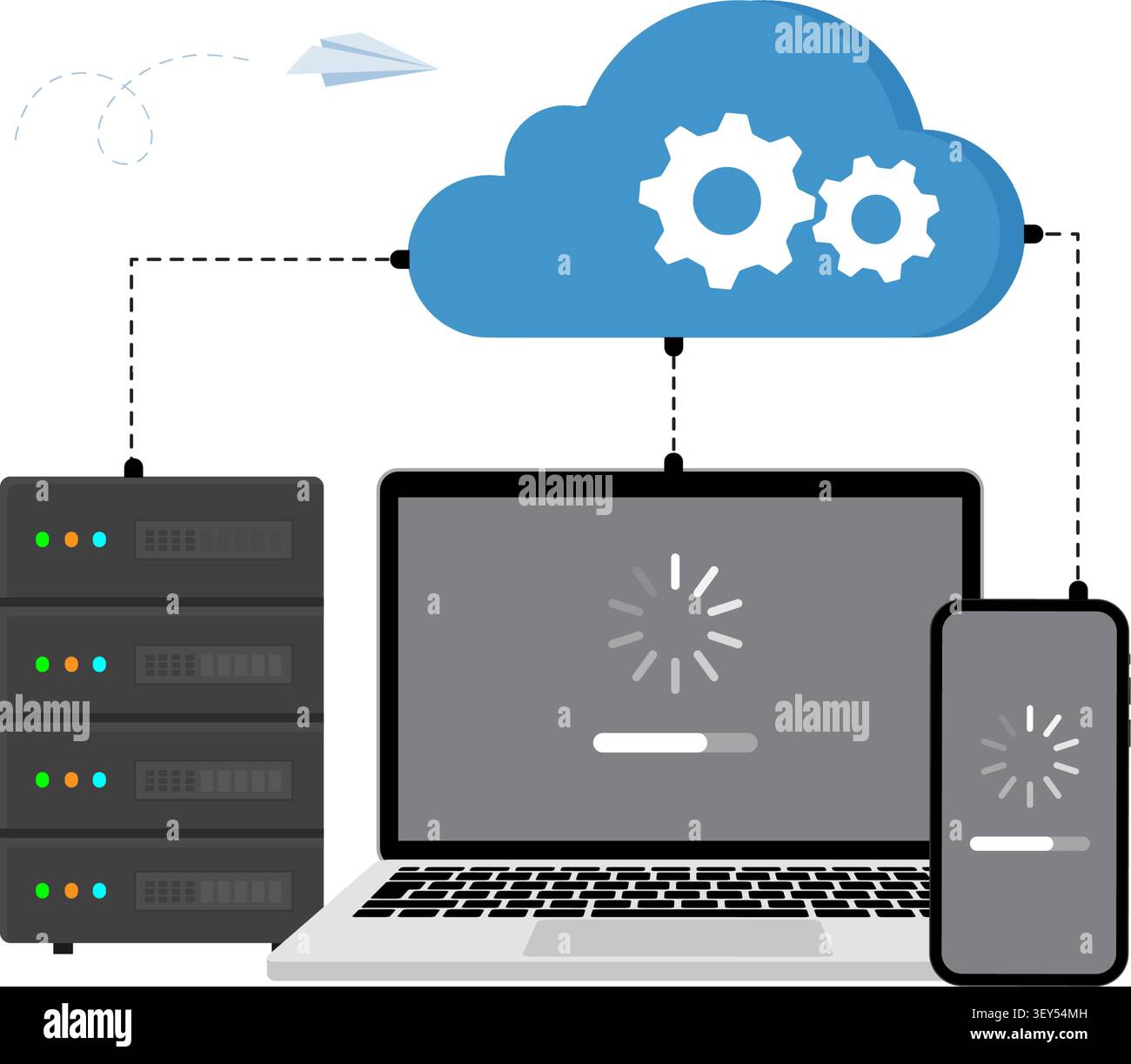 Integrated cloud platform managing data sync between remote servers, laptop computers, and mobile smartphone devices. stock illustration. Stock Vector