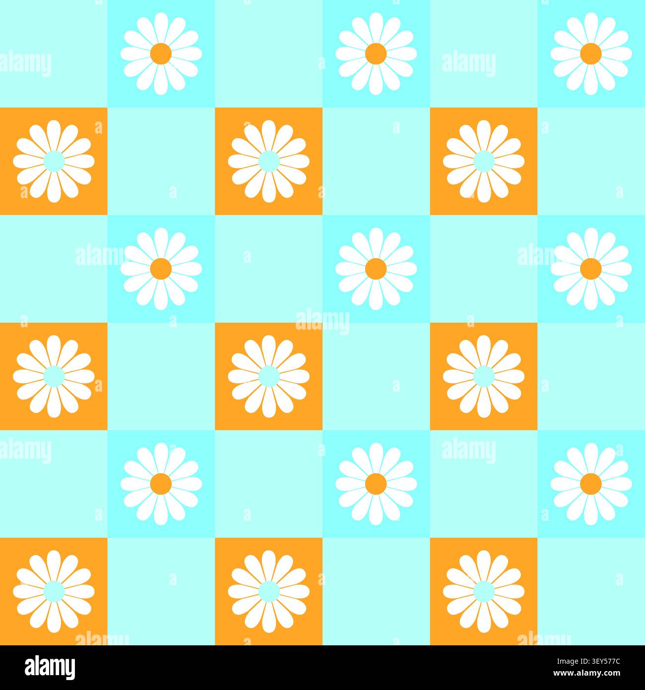 Retro Groovy Daisy Checkerboard Seamless Pattern for Surface Design Stock Vector