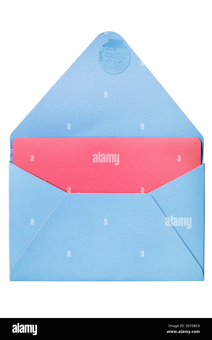 Blank pink card in opened blue envelope isolated on white background Stock Photo