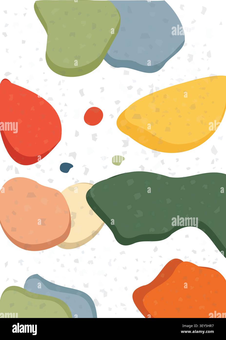 A modern minimalist vector illustration featuring colorful organic fluid shapes and abstract blobs layered over a speckled white terrazzo stone patter Stock Vector
