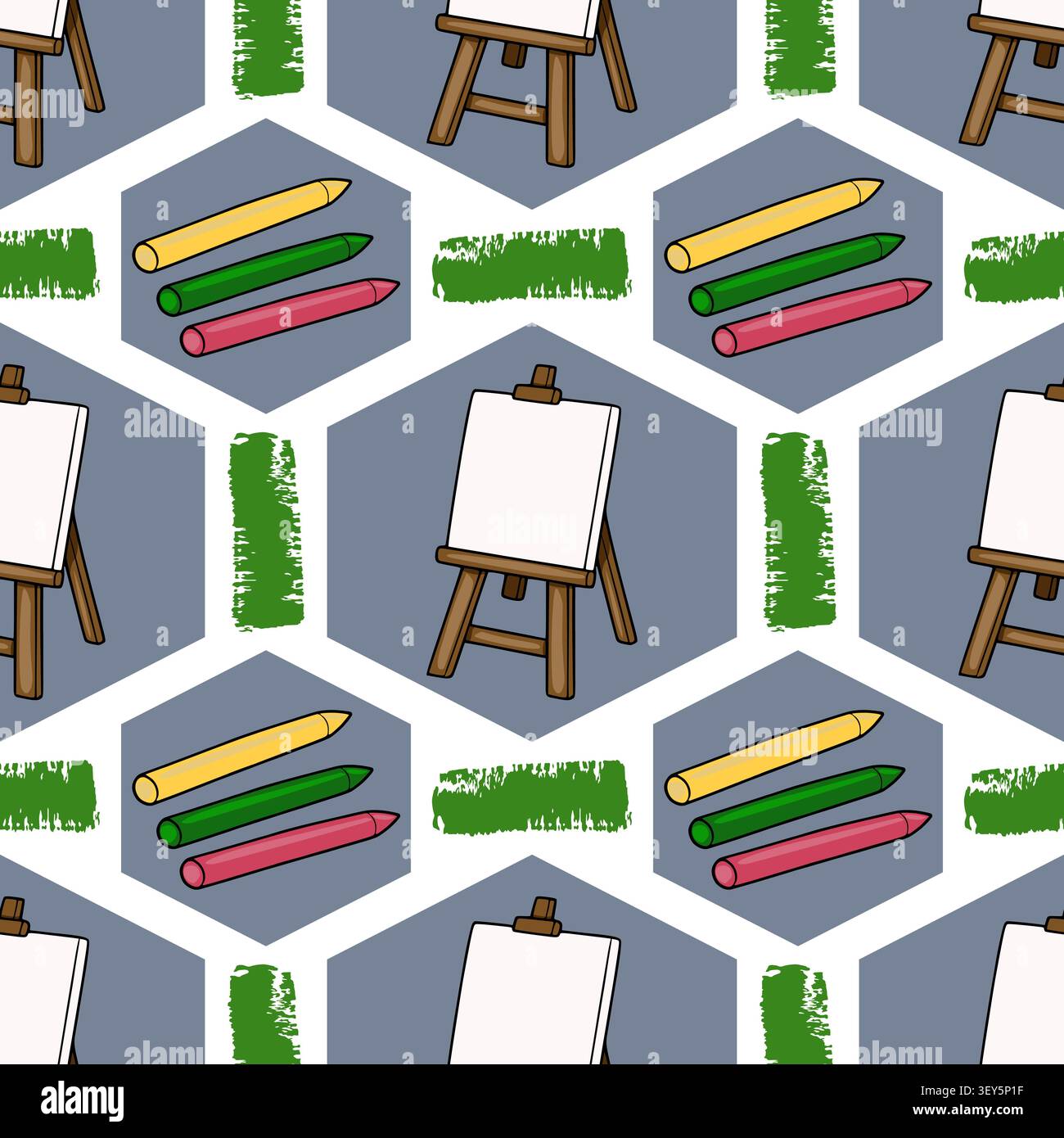 Seamless pattern with wooden easels and crayons vector illustration Stock Vector