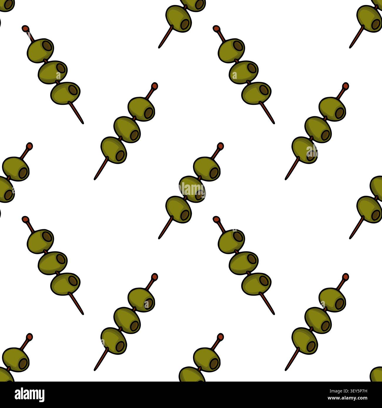 Seamless pattern with green olives on cocktail picks vector illustration Stock Vector