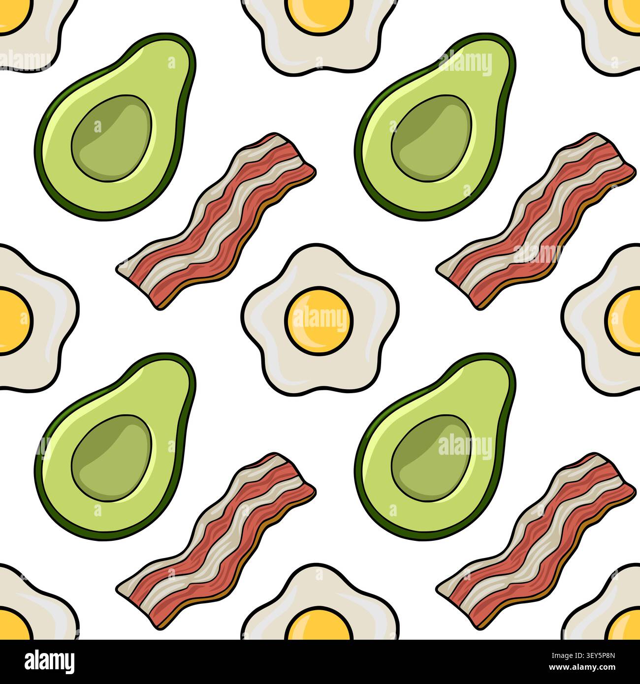 Breakfast seamless pattern vector with avocado bacon and fried egg illustration Stock Vector