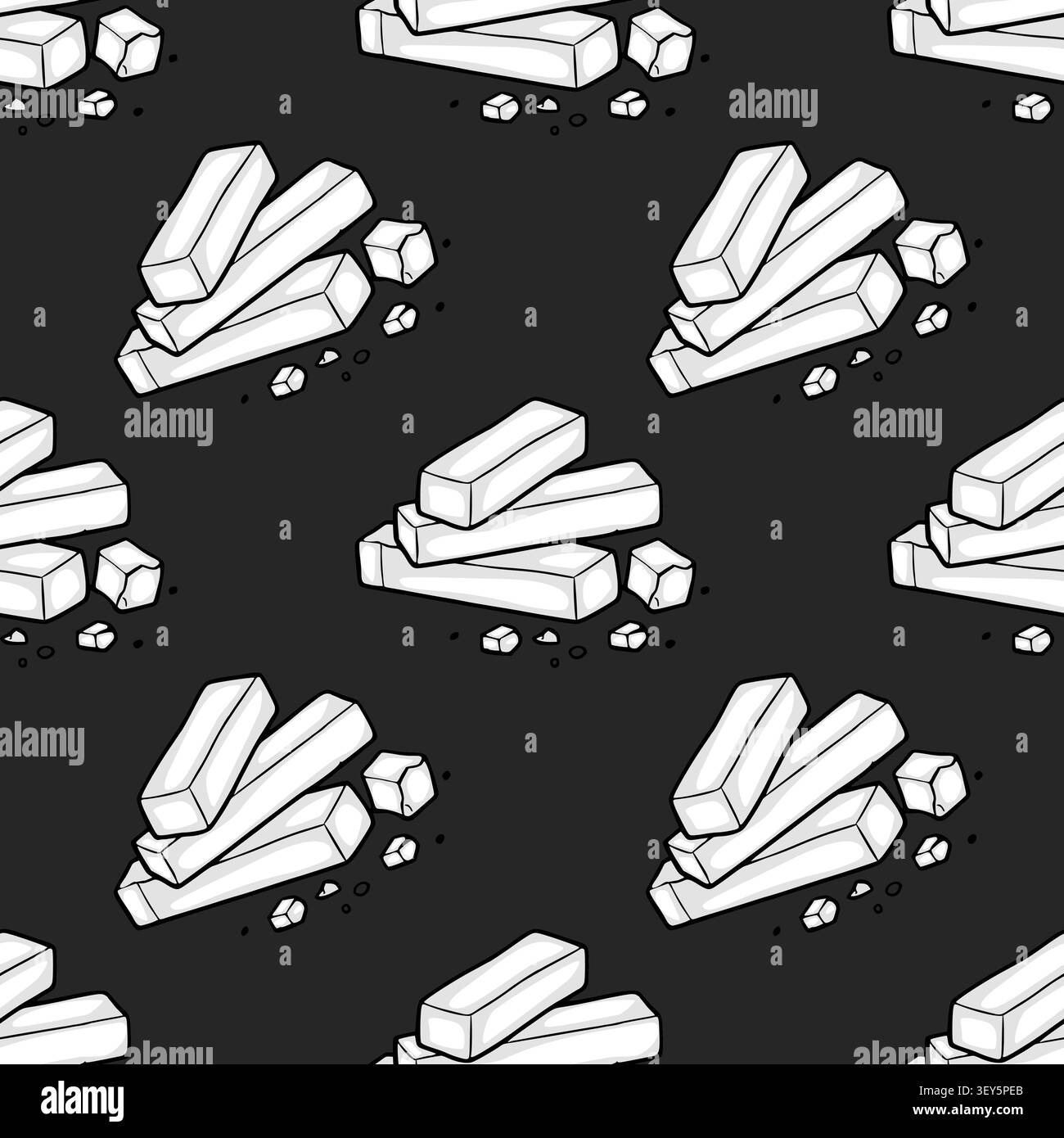 Seamless vector pattern featuring hand-drawn white sugar cubes and rectangular sugar sticks on a dark background Stock Vector