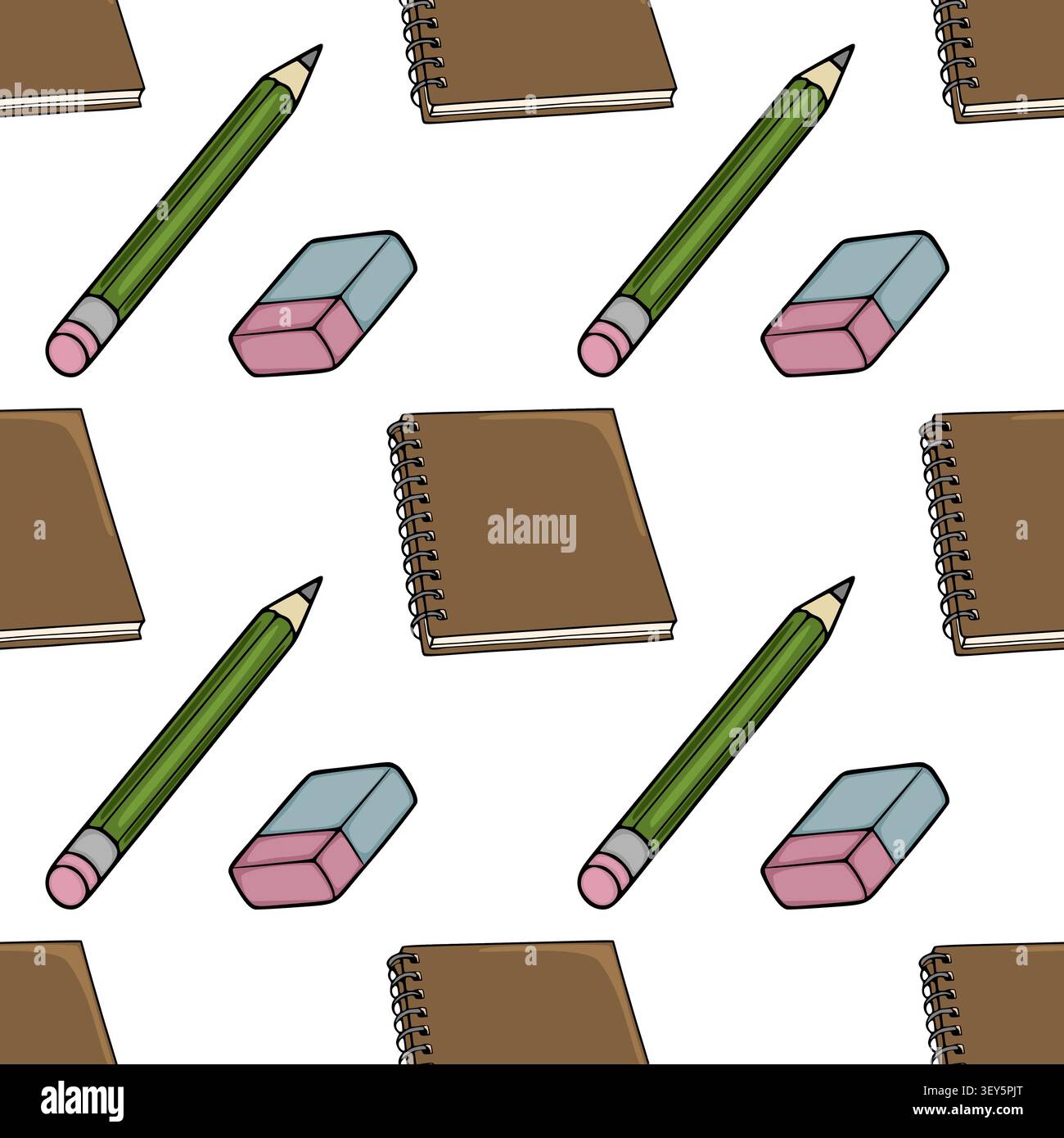 Seamless pattern with vector school supplies, notebooks, pencils, and erasers Stock Vector