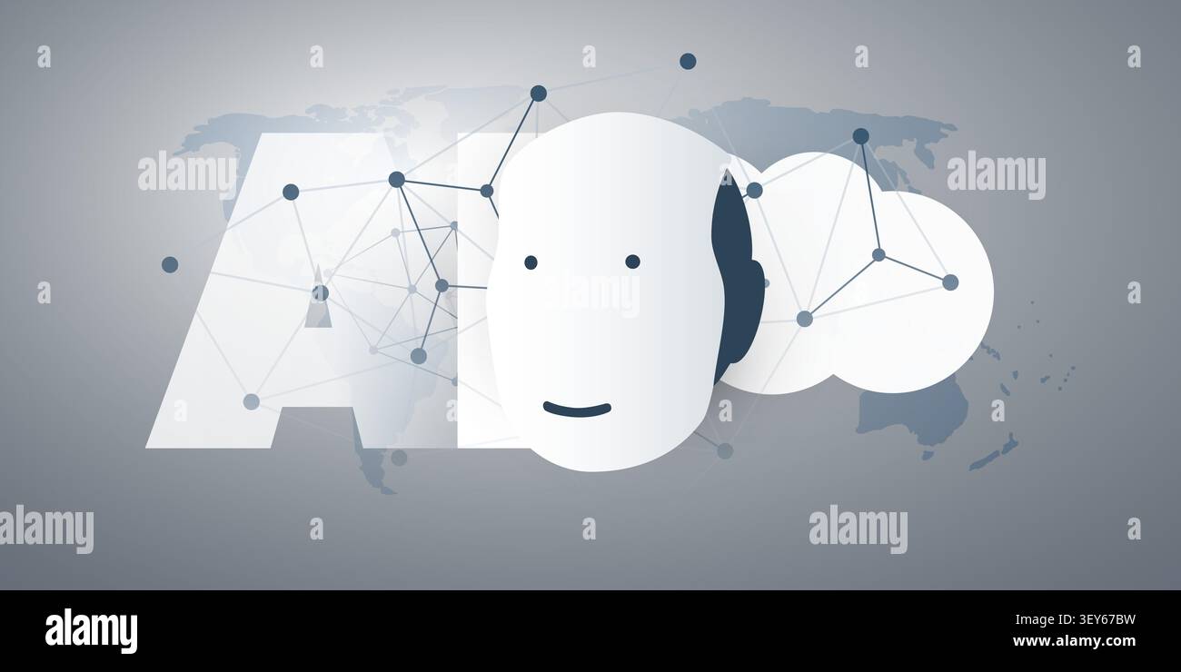 Futuristic Grey and White Machine Learning, Artificial Intelligence, Cloud Computing and Global Networks Concept  - Vector Design with Robot Face, Clo Stock Vector