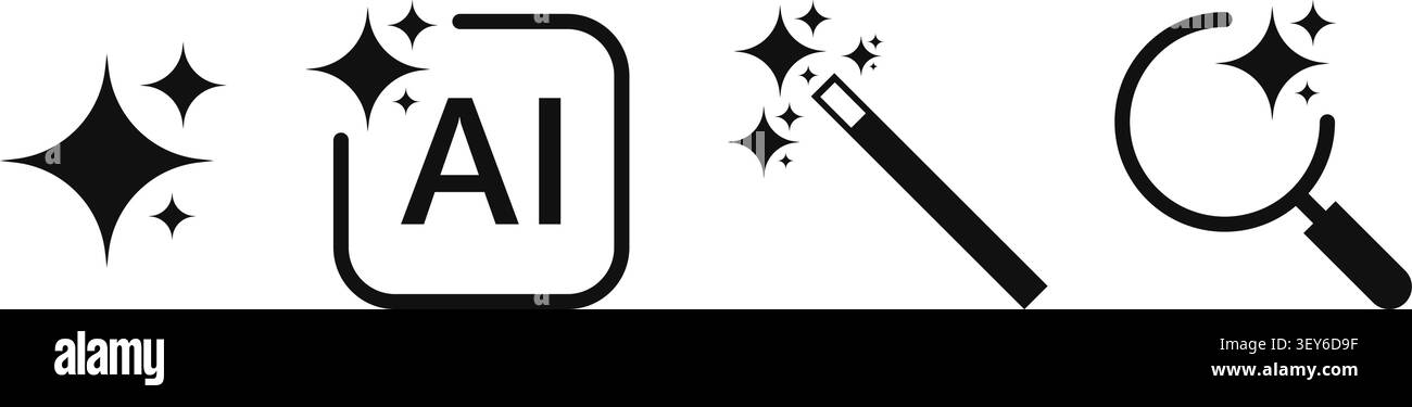 Artificial Intelligence Sparkle Stars and Magic Wand Icon Set. Vector Illustration Stock Vector