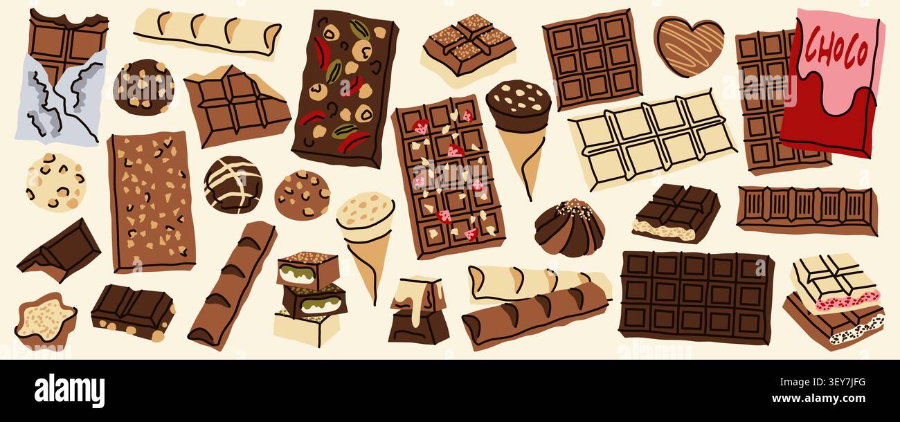 Big Chocolate Bar and Sweet Candy Dessert Set with Hand Drawn Elements in Minimalist Flat Doodle Style Stock Vector