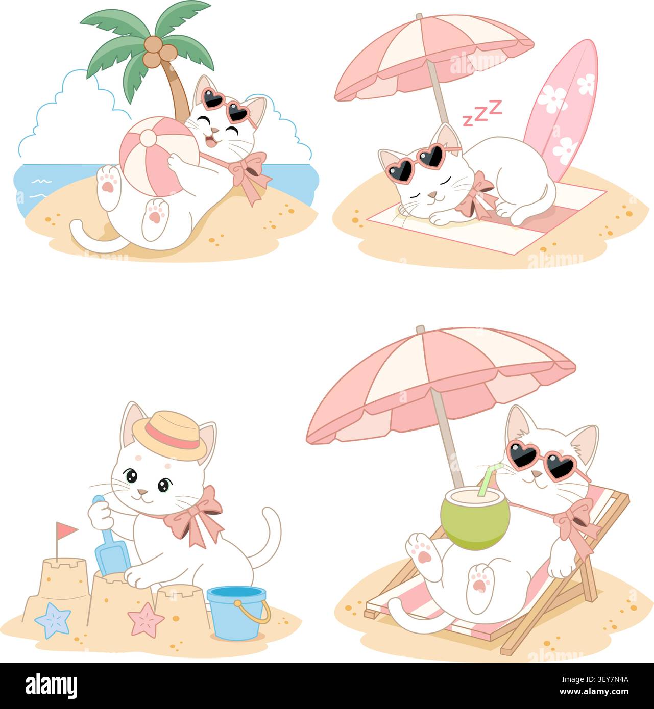 Cute white cat cartoon character set enjoying summer beach vacation with sunbed umbrella palm tree surfboard sandcastle coconut drink beach ball and s Stock Vector