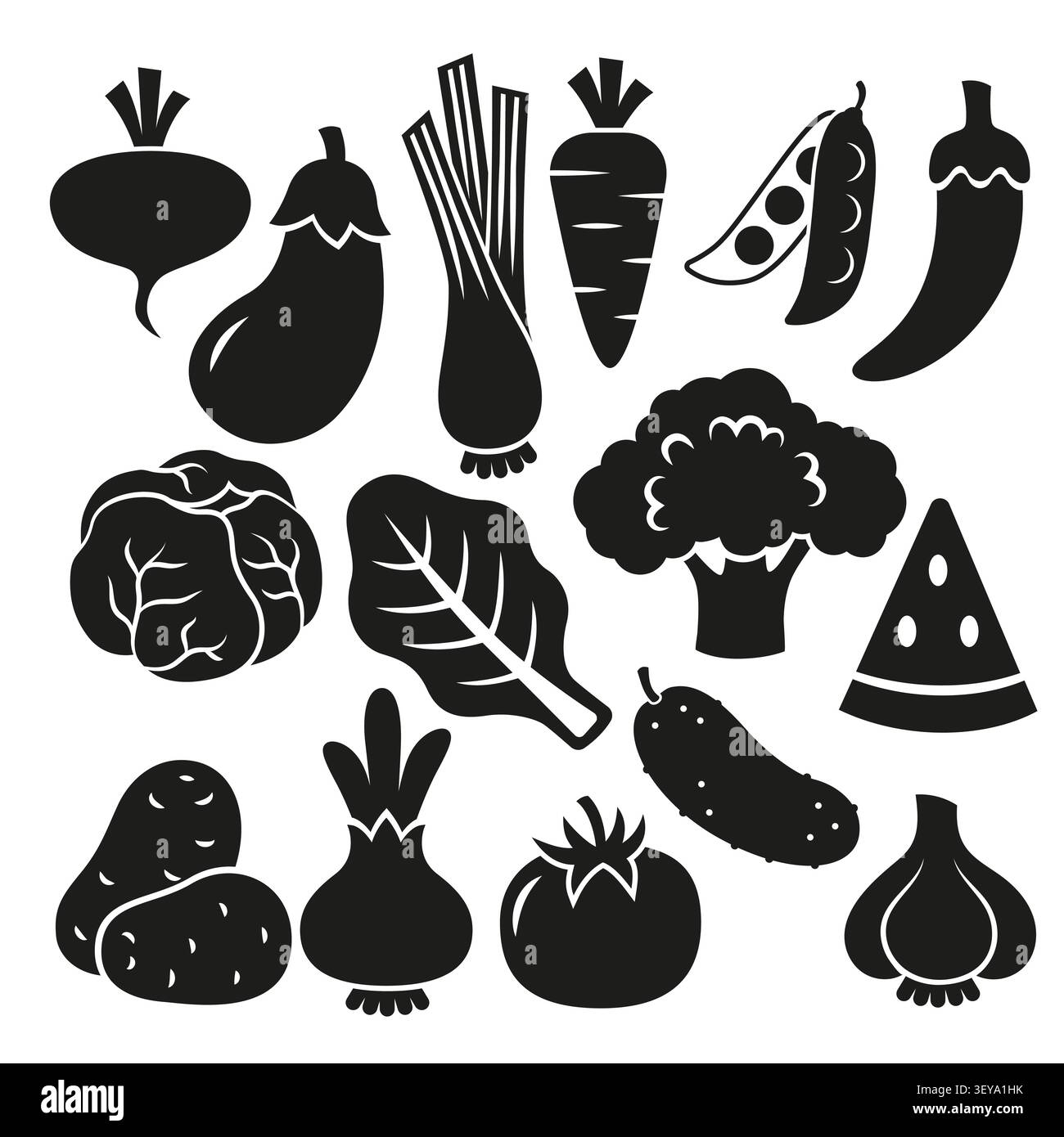 Fresh vegetables vector illustration icon set, isolated solid organic veggie silhouette design Stock Vector