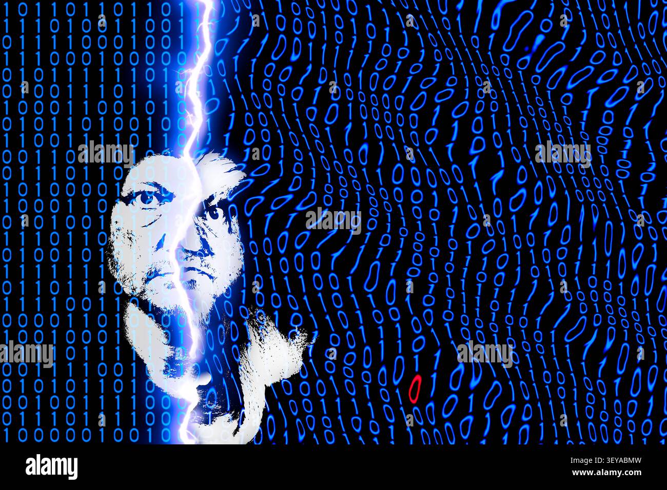 Human face divided by flash on digital display with one faulty red zero in blue binary code. Person head split by lightning in half due software error. Stock Photo