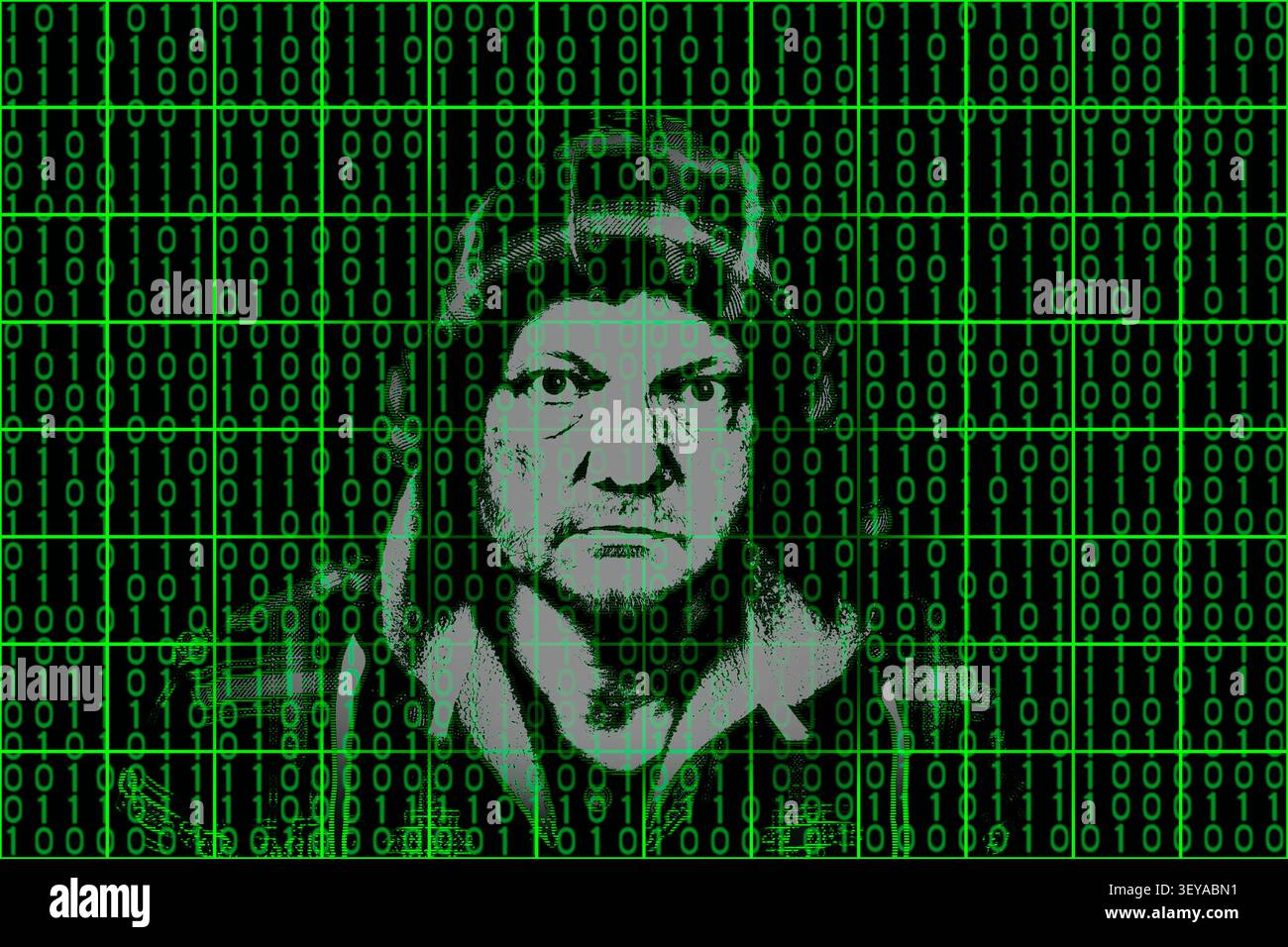 Green grid and binary code on a screen with human head silhouette in background. Common man reflection on digital display as spectator in virtual net. Stock Photo