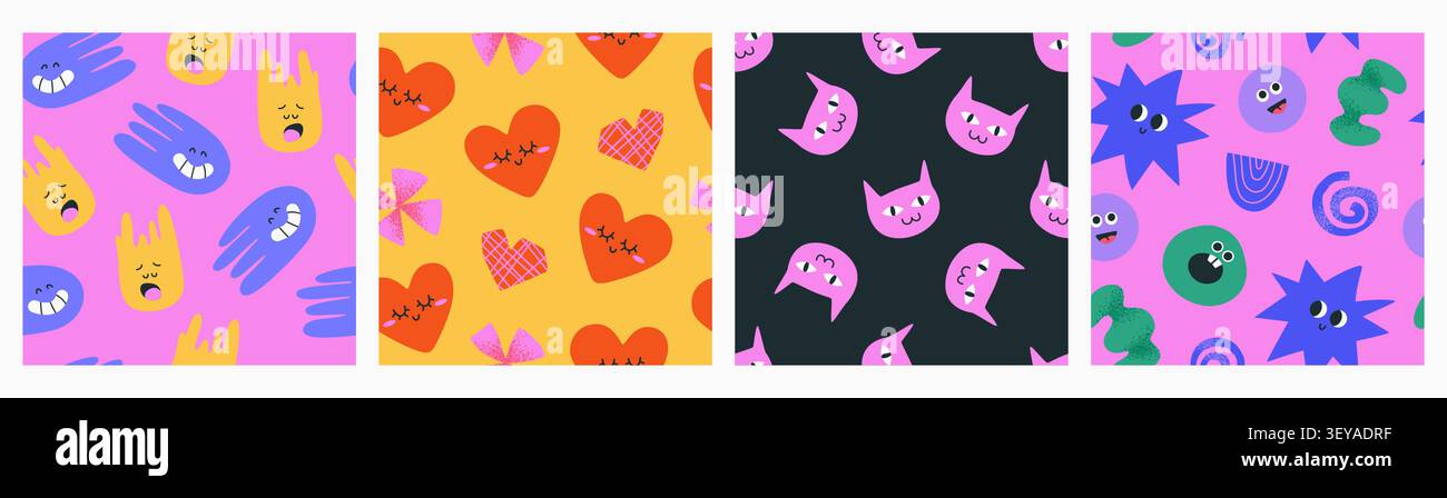 Funky Seamless Patterns with doodle elements. Stock Vector