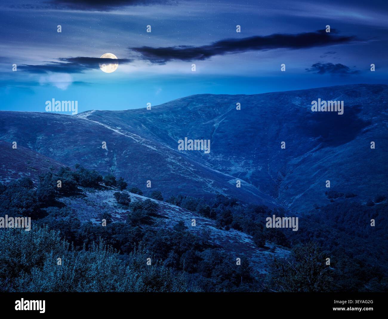 carpathian mountain landscape. travel ukraine in summer. slopes mountain ridge in august at night. wonderful carpathian adventure in full moon light Stock Photo