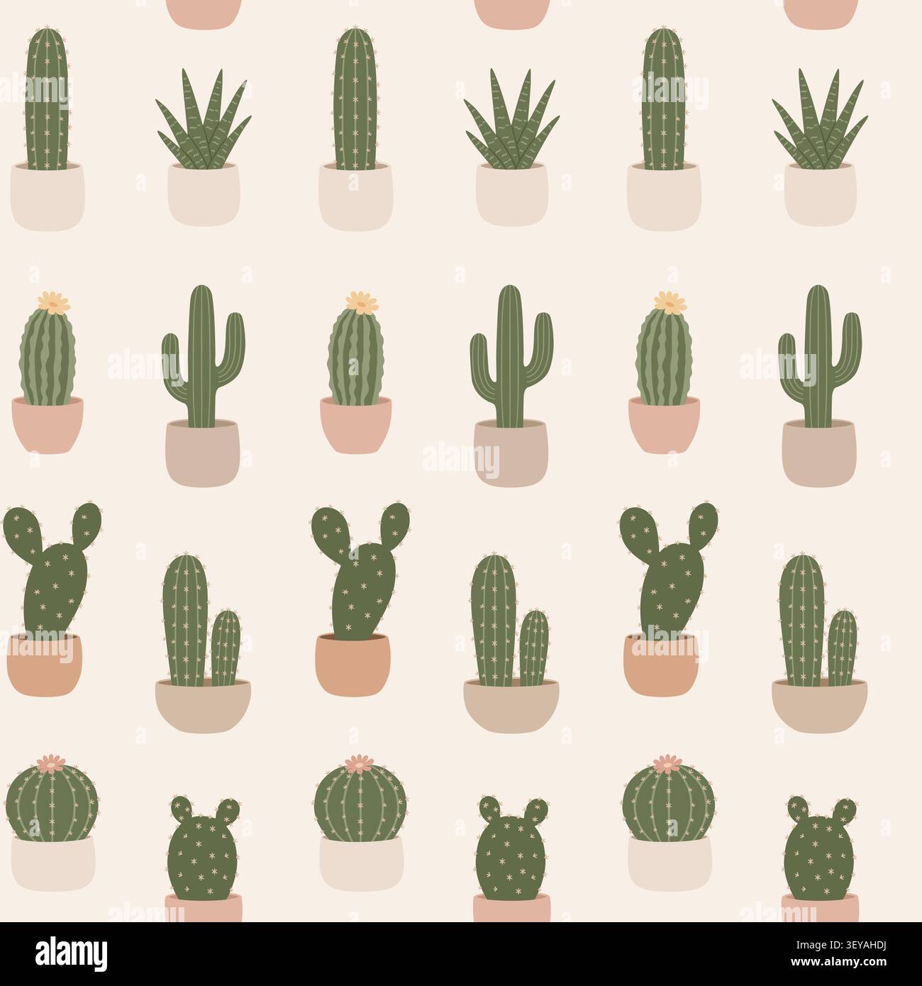 Minimal Repeating Potted Cactus Pattern Collection Stock Vector