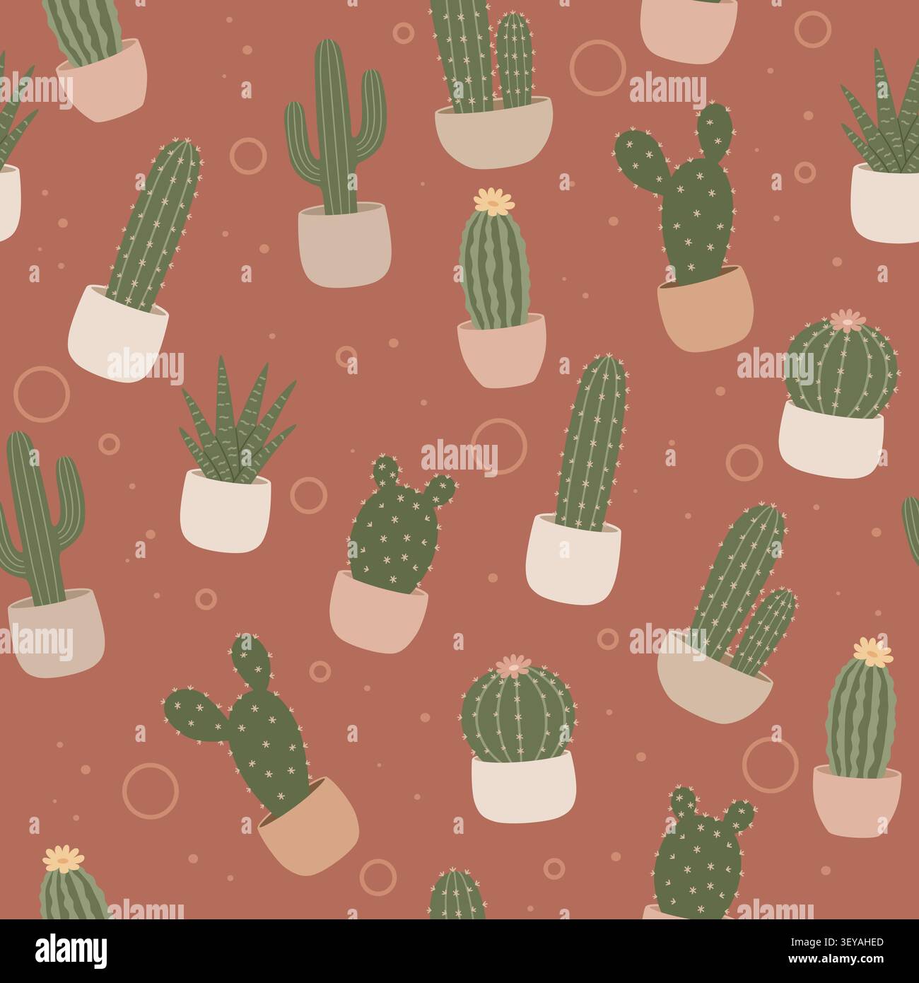 Seamless Pattern with Cute Potted Cacti on Earthy Red Background Stock Vector