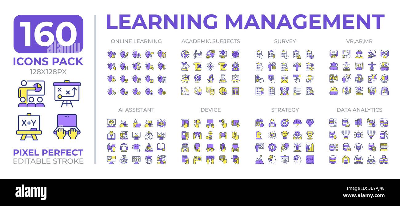 Learning management colorful icons set collection Stock Vector