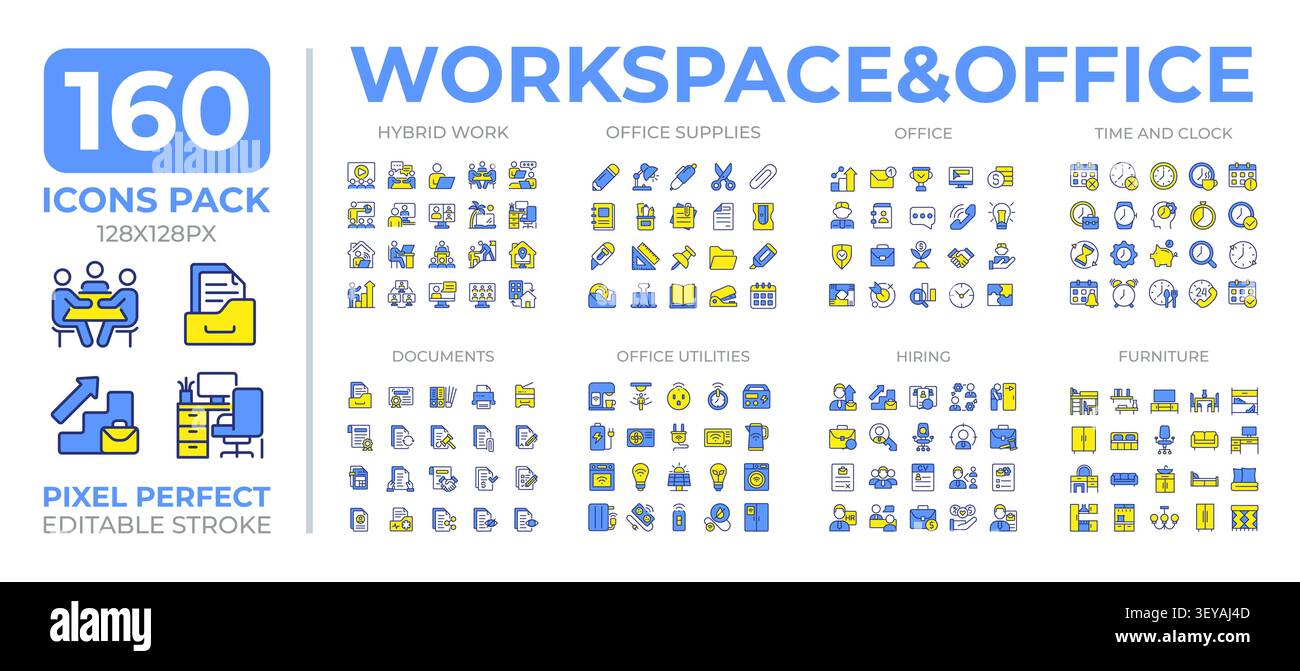 Office workspace colorful icons set collection Stock Vector