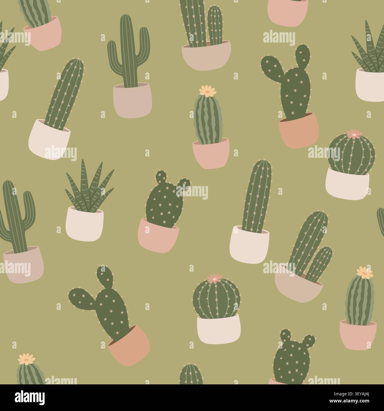 Seamless Pattern with Cute Potted Cacti on Olive Green Background Stock Vector