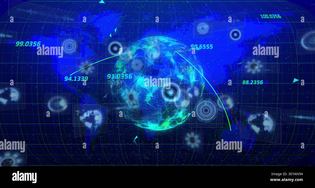 Data pulse starting, low-poly globe appearing, rotating while HUD rings pulsing, showing data links Stock Photo