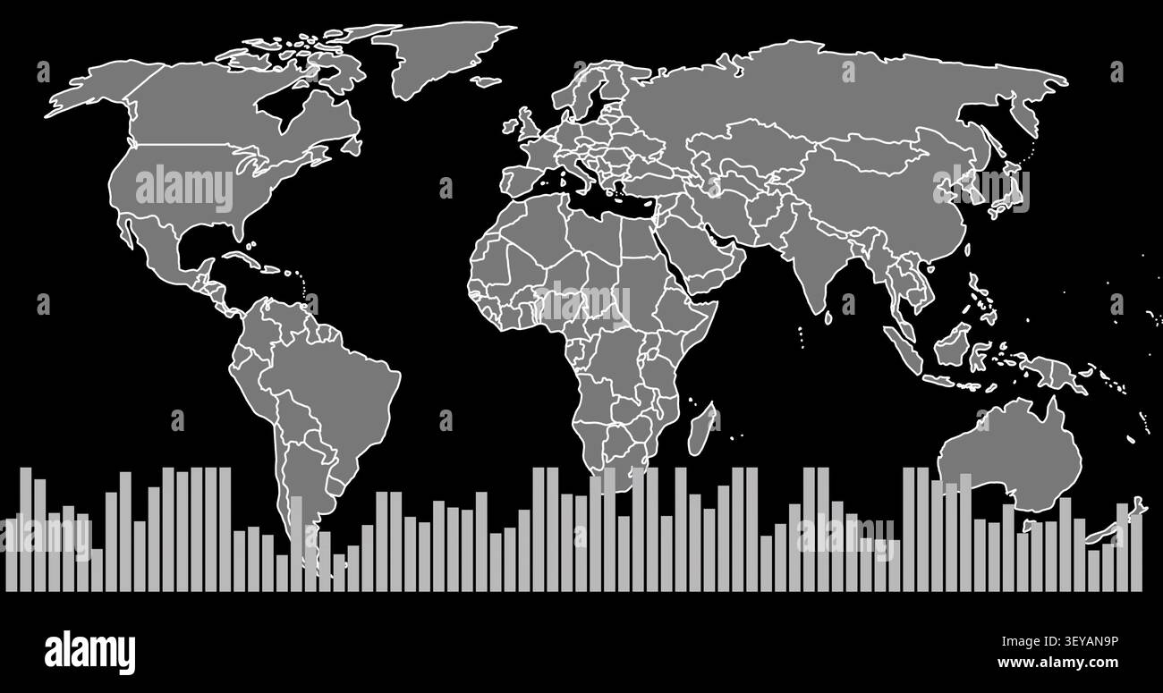 Displaying grayscale world map with white country outlines on solid black canvas, histogram below Stock Photo
