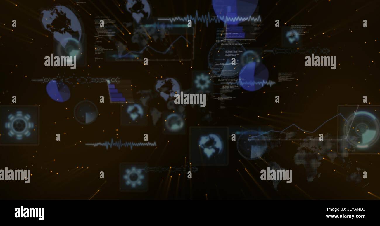 Central data widget cluster activating on pulse, expanding and scrolling to visualize network data Stock Photo
