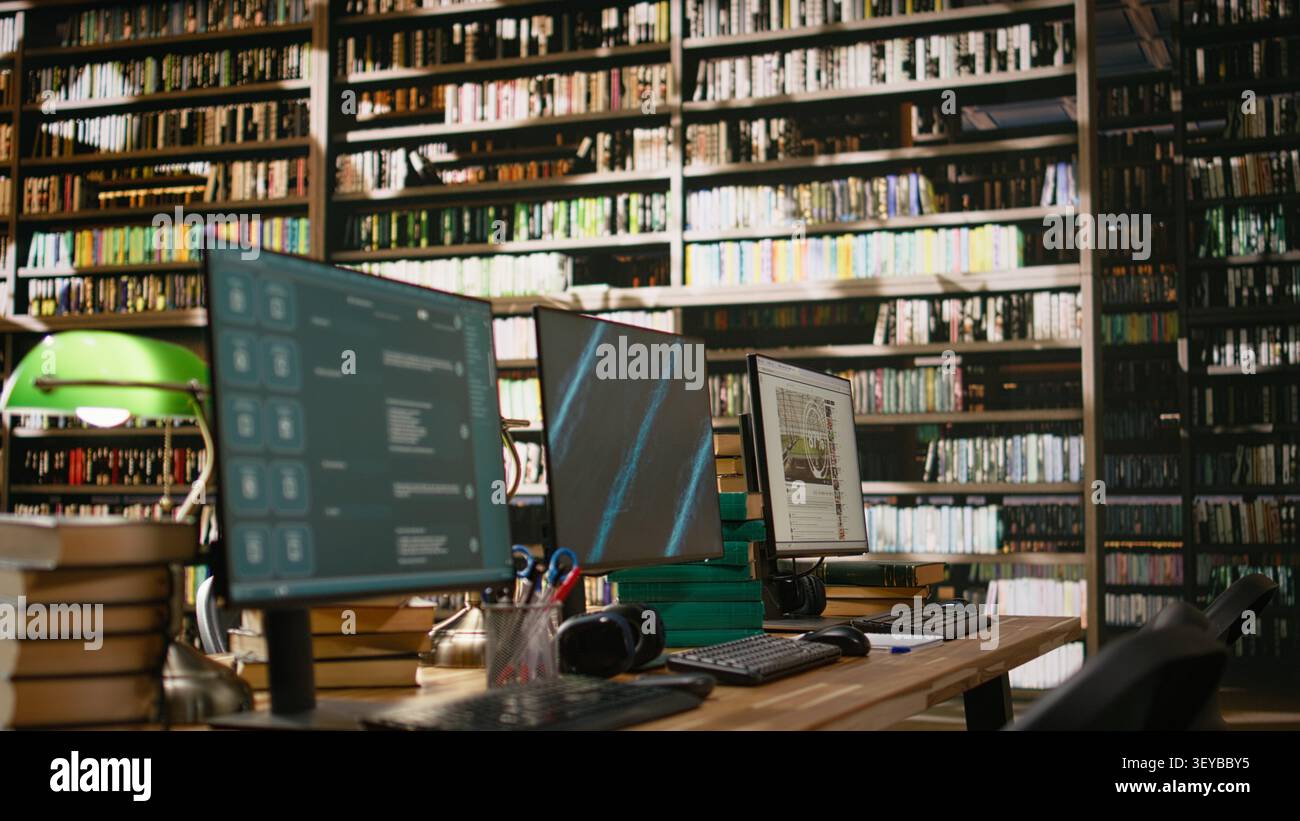 Dashboard presentation with blue screen and chatbot on computer monitors at wooden library desk with stack of books, headphones, keyboards and green lamps. Empty workspace. Stock Photo