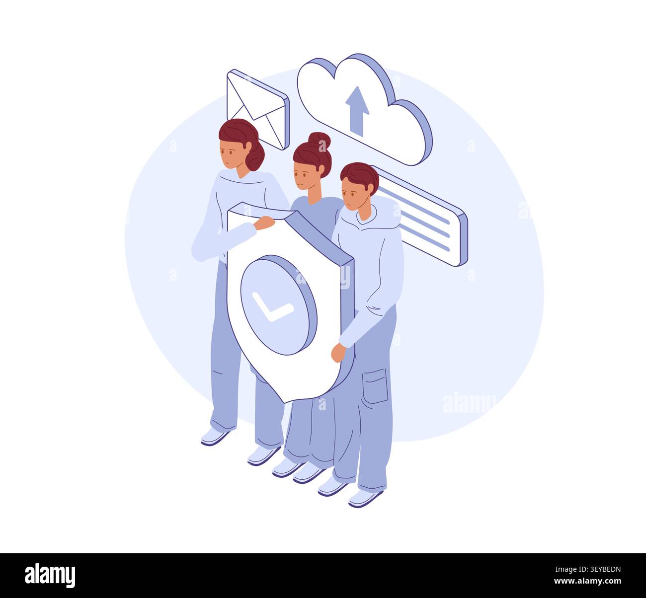 Data protection team. People holding shield protecting data. Vector isometric for security campaign, privacy poster, or IT blog. Stock Vector
