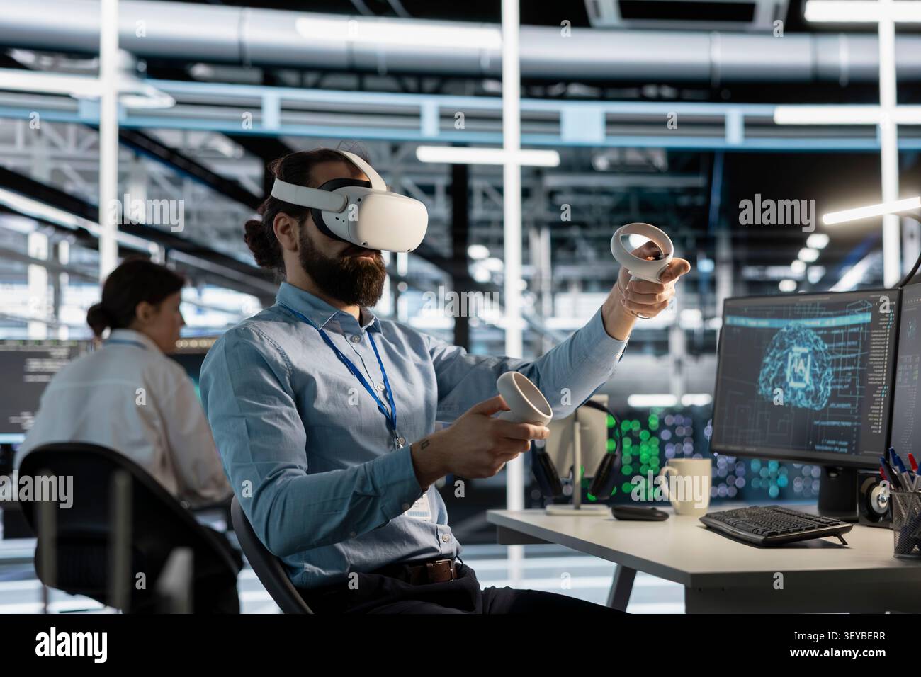 System administrator uses a VR headset to inspect AI neural networks and server systems in a high-tech facility. Stock Photo