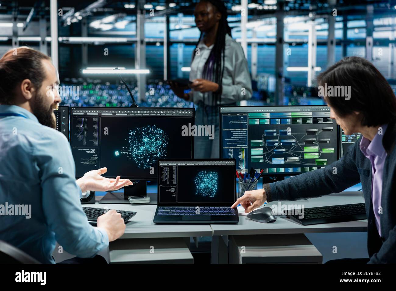 Programmers use an AI language model assistant in a server hub to handle infrastructure maintenance. Stock Photo