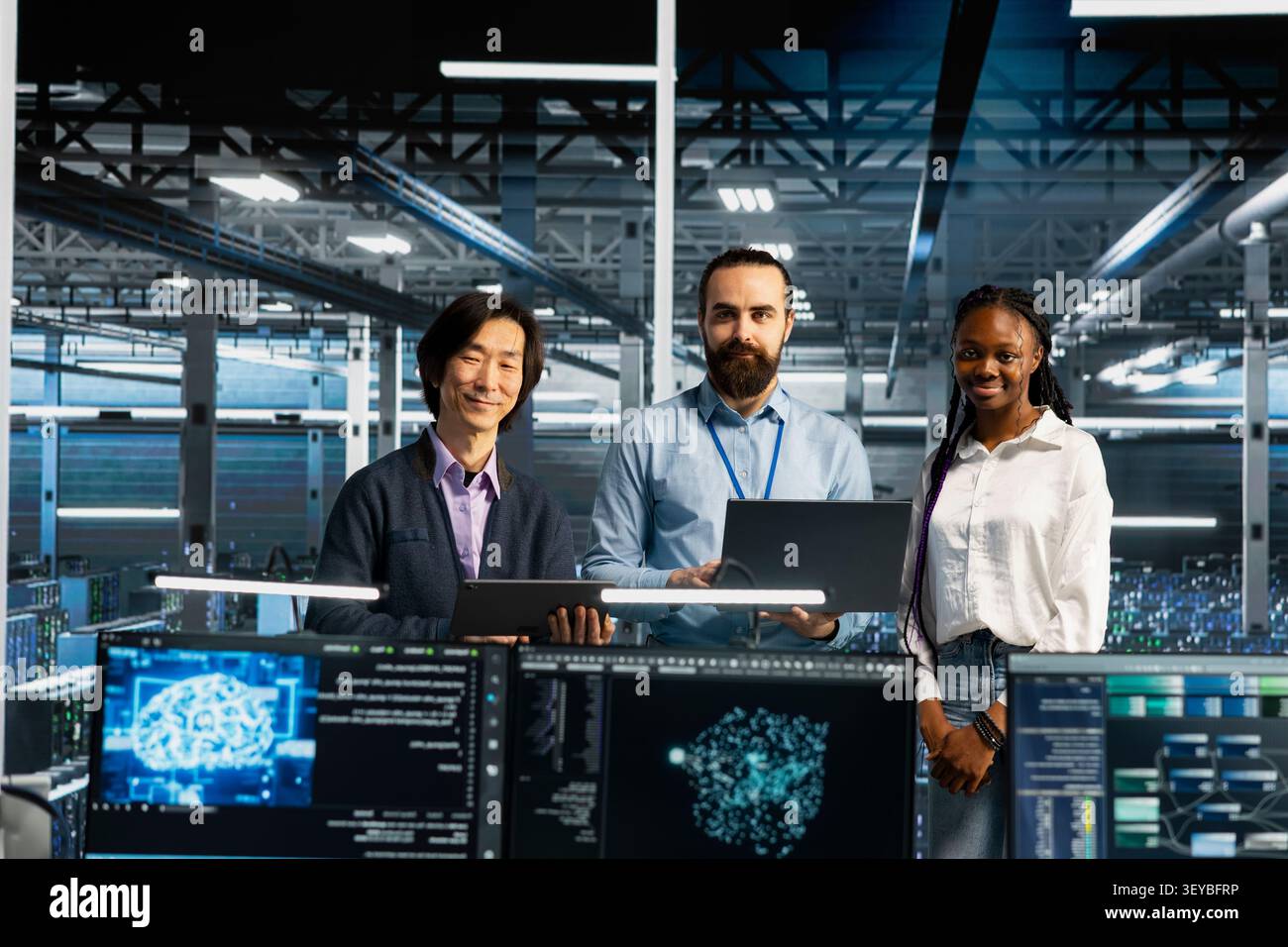 Technicians resolve server connection problems in a server room with artificial intelligence support. Stock Photo
