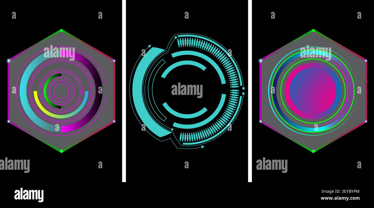 Three futuristic abstract digital interface elements against a black background Stock Vector