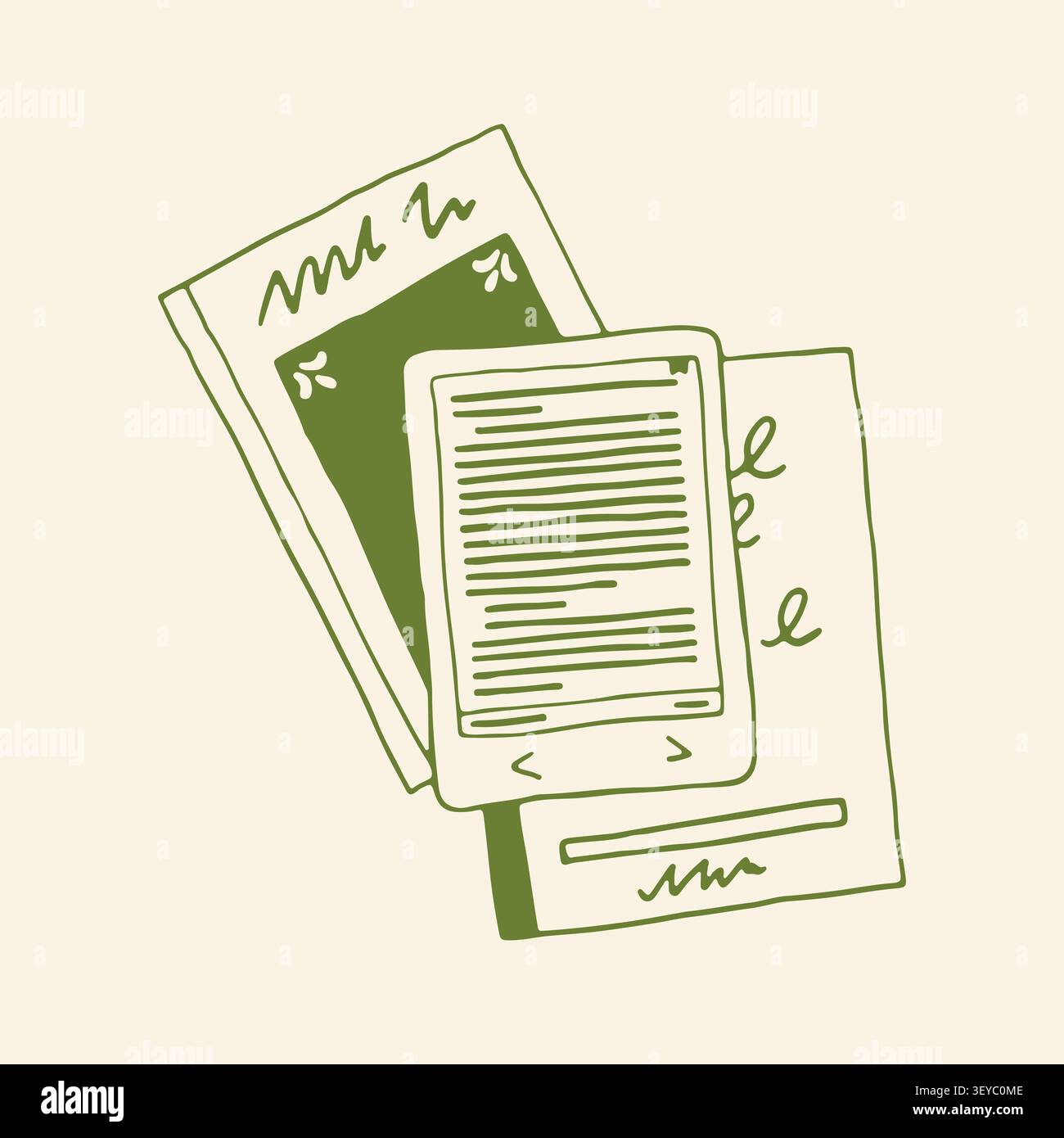 Doodle vector illustration of an open ereader with text, overlapping two patterned physical books. A minimalist comparison of digital and traditional Stock Vector