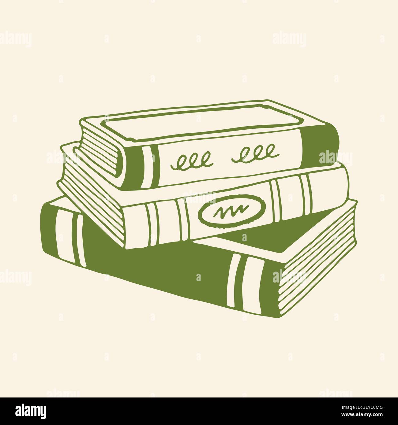Vector illustration of a stack of three books, hand drawn in green line art from a side angle. The middle book has abstract swirls on its spine. A Stock Vector