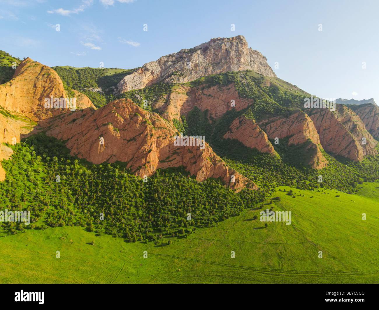 Low angle drone shot looking up at grand multi colored layered red cliffs covered with green bushes and a sharp gray mountain top Stock Photo