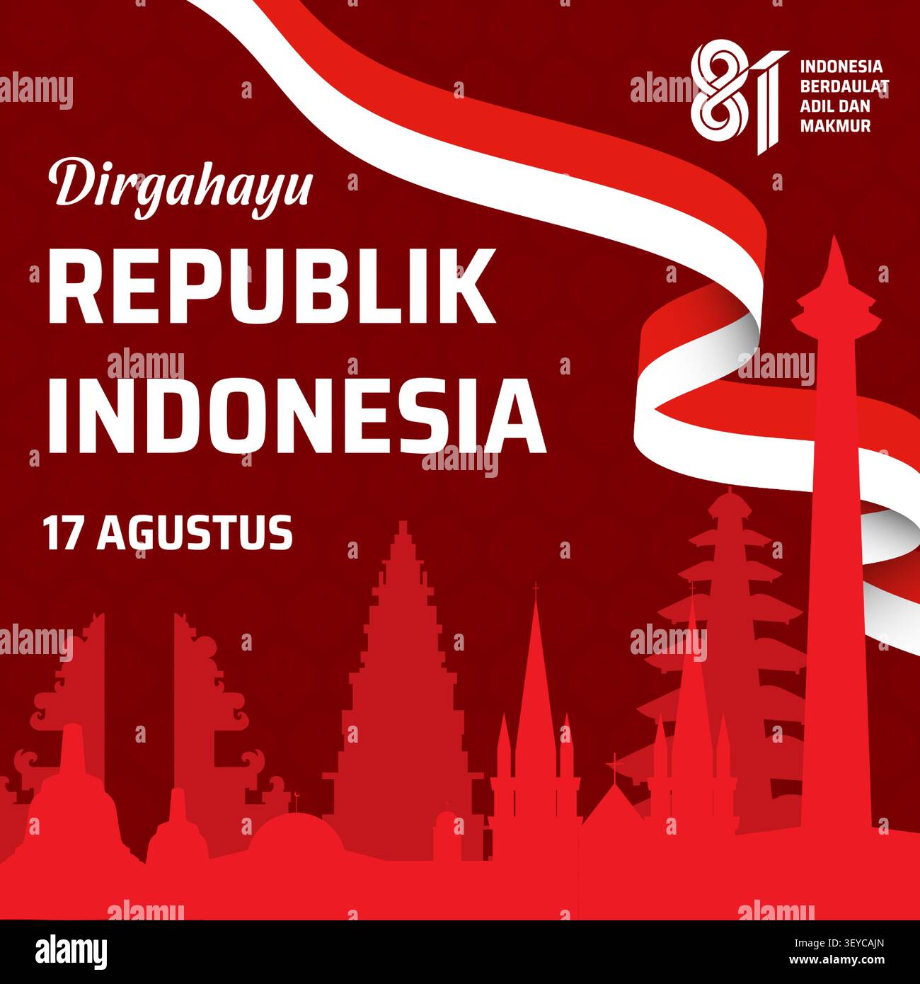 81st Indonesia Independence Day Square Banner with Landmark Stock Vector