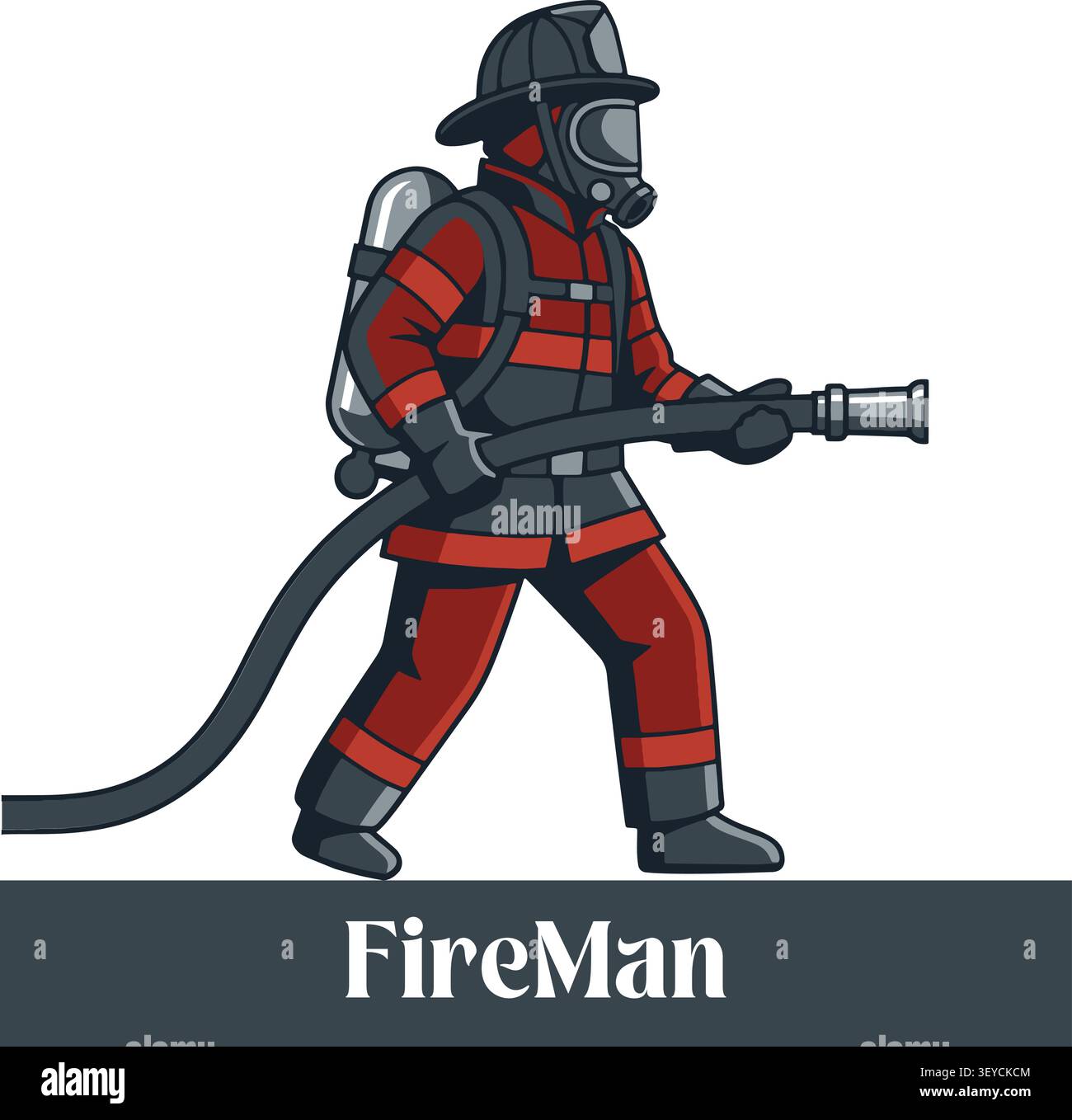 Firefighter in Protective Gear Holding Hose Stock Vector