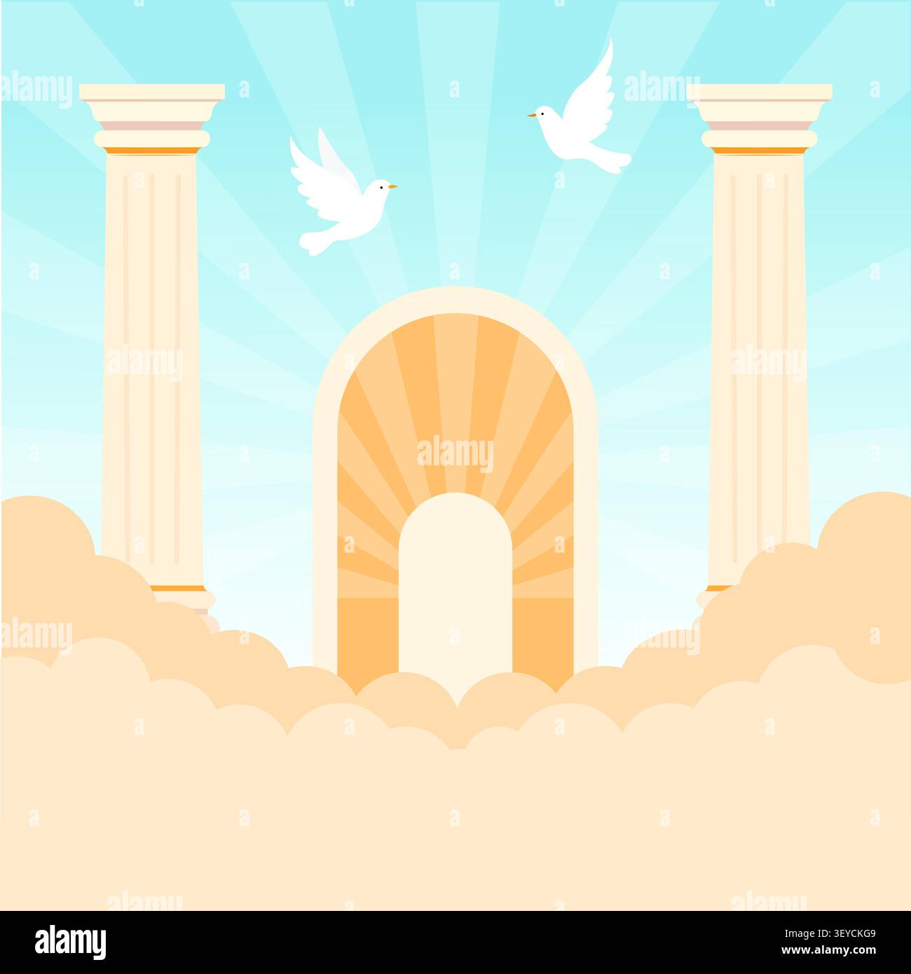 Heaven Gate with White Doves and Clouds Flat Background Stock Vector