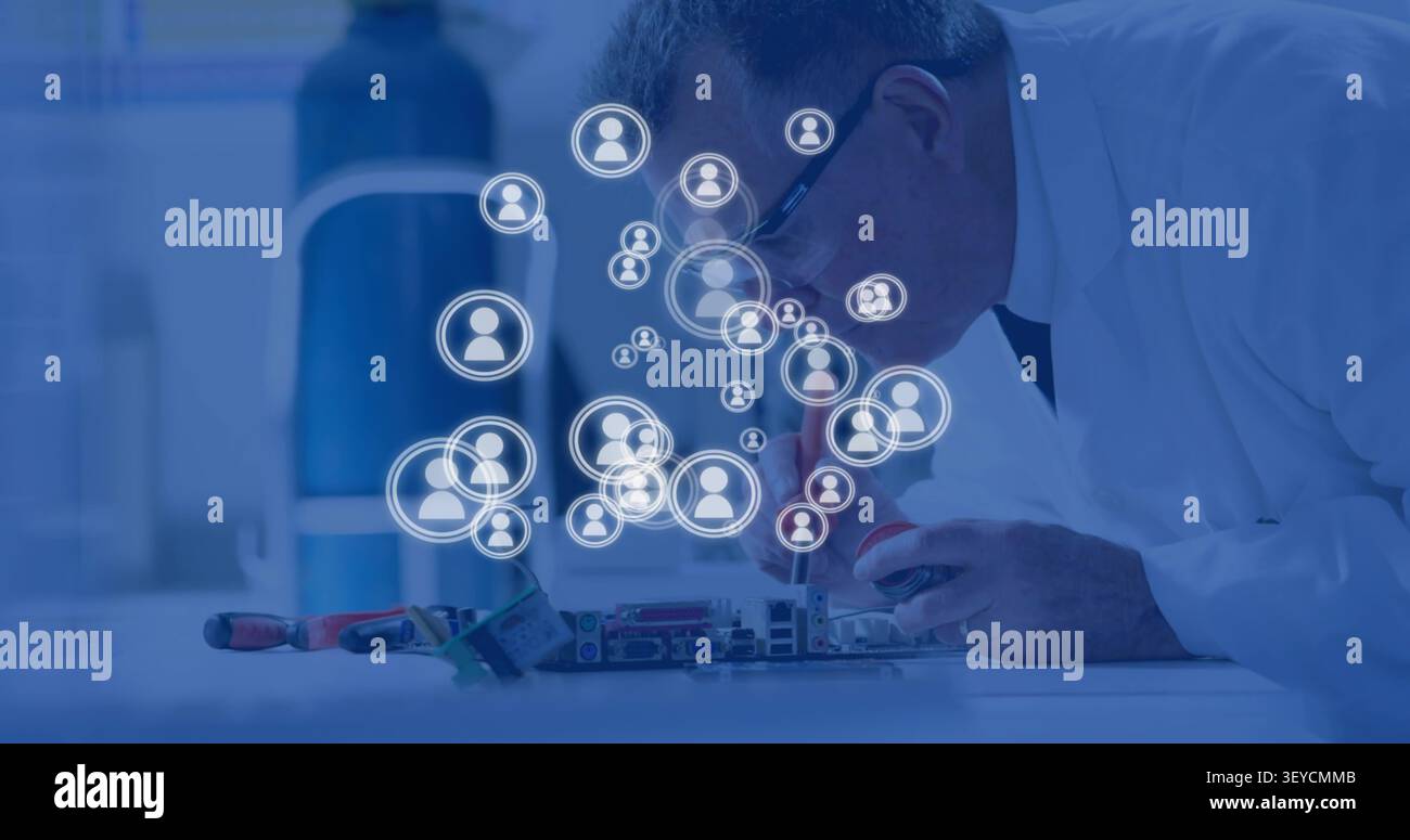 Senior tech repairing PCB in lab, motion sparking animated icons clustering near hands Stock Photo