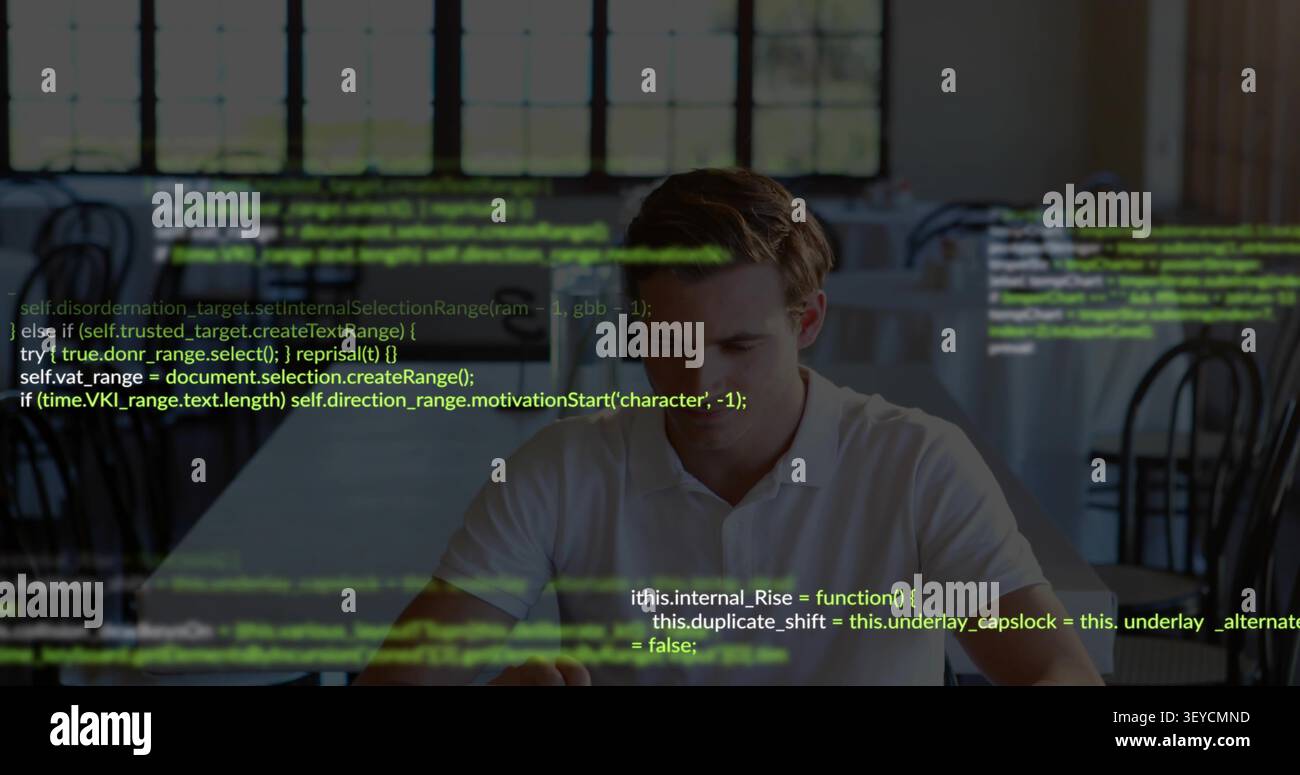 Man sitting in cafe, focusing on code, overlay growing, sipping cup, tapping tablet for software Stock Photo