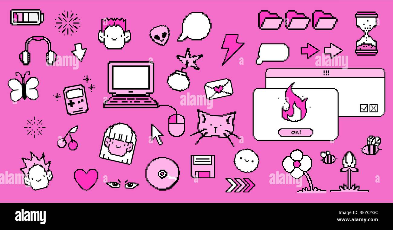 Pixel art sticker set with Y2K icons, retro game elements, vector illustration isolated on background. Heart, battery, cat, butterfly, cd and folders digital design. Nostalgic 90s computer ui graphics Stock Vector