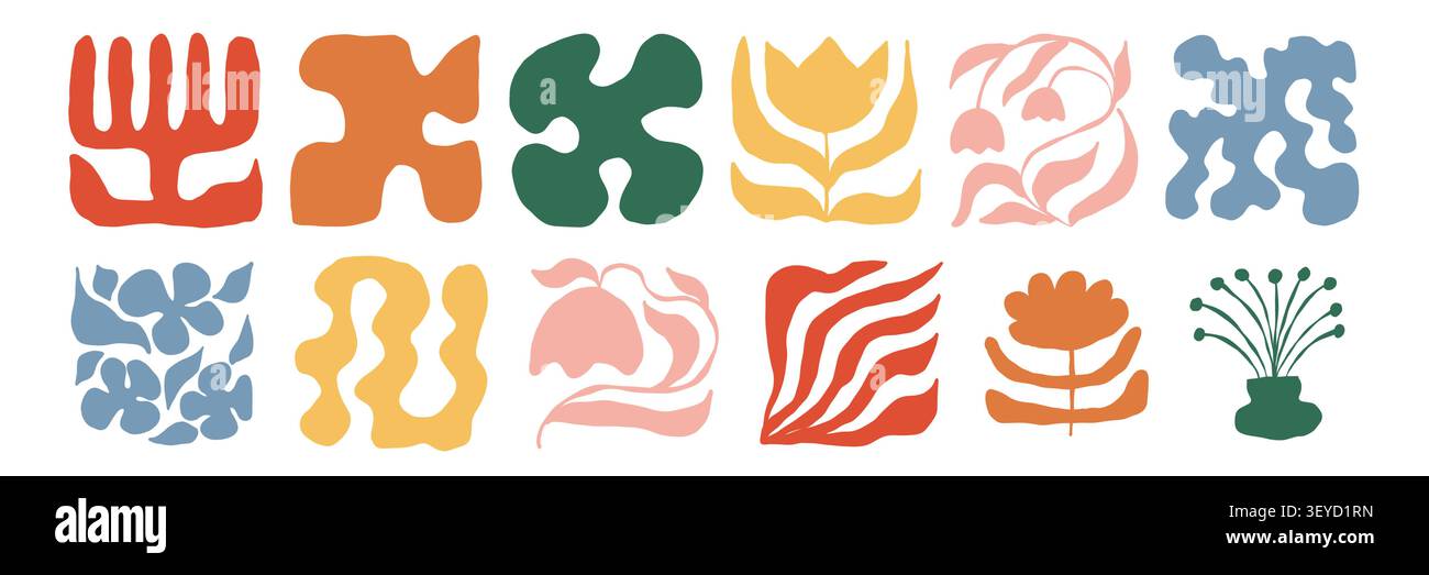 Abstract organic shape collection inspired by flowers leaves and botanical forms. Bold minimal graphic elements create a playful modern set for Stock Vector