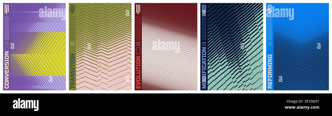 Abstract geometric vector poster set with halftone grid and optical illusion patterns, Shape distortion and linear gradients with transition effect, d Stock Vector