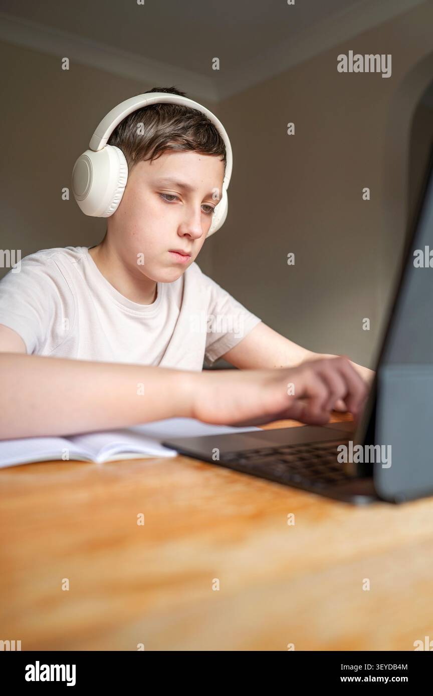 Focused schoolboy typing on laptop during home study Stock Photo