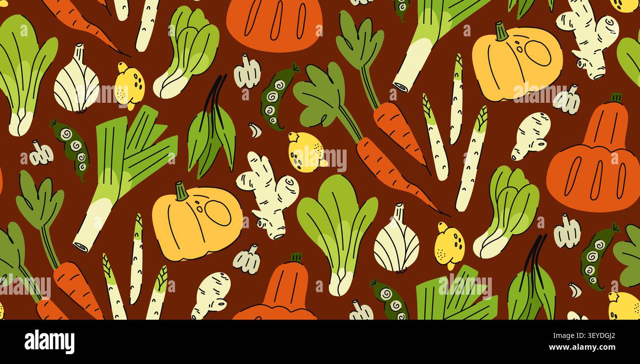 Seamless Vegetable Pattern with Fresh Farm Produce, Hand Drawn Autumn Harvest Illustration for Kitchen, Textile and Food Packaging Stock Vector